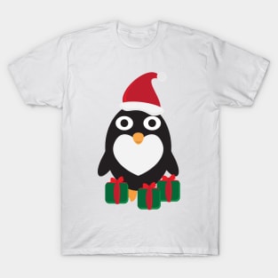 Cute Cartoon Penguin with Santa Hat and Green Red Gifts T-Shirt